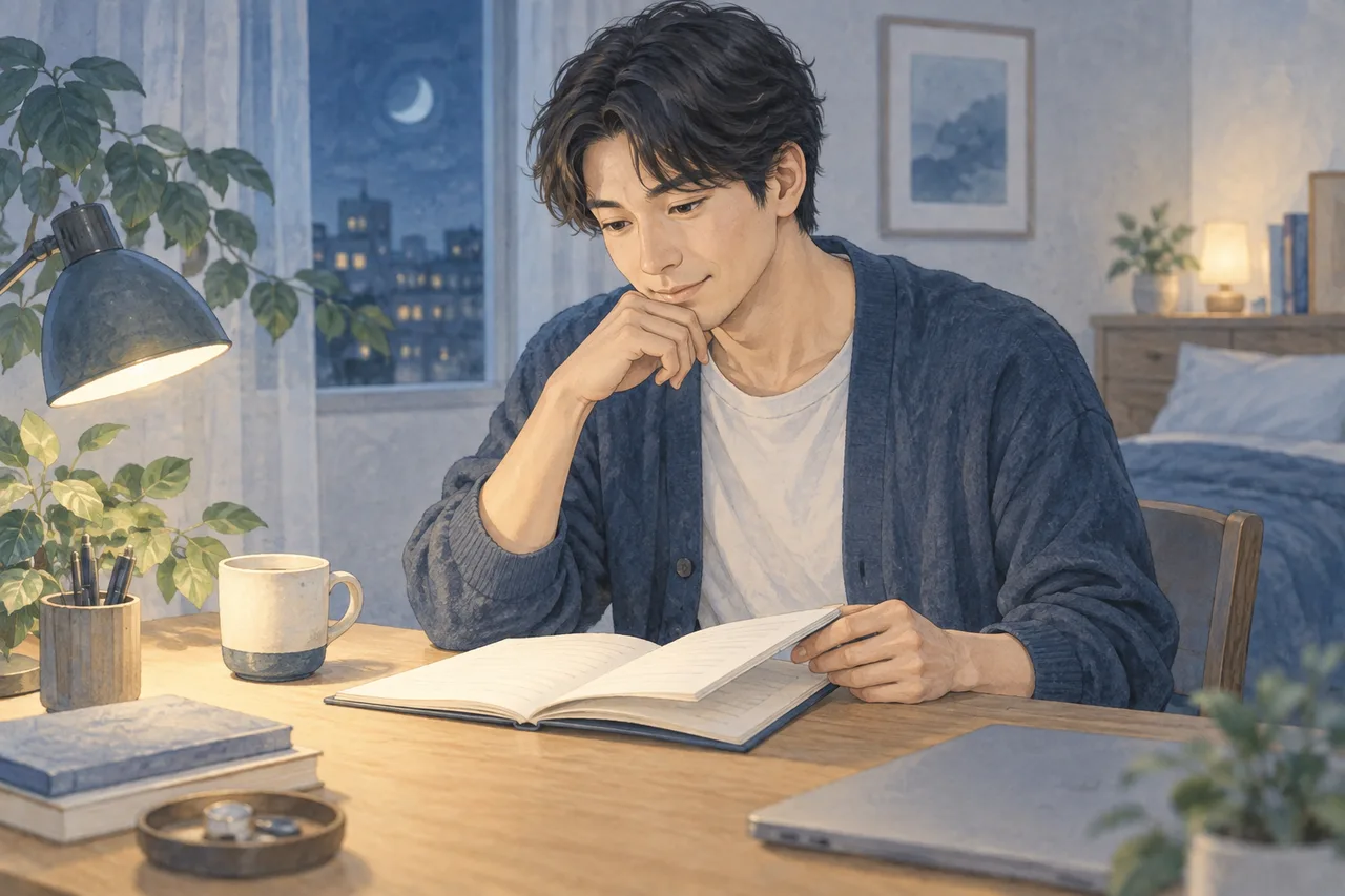 眠る時間を記したノートを机で確認する成人男性のイラスト