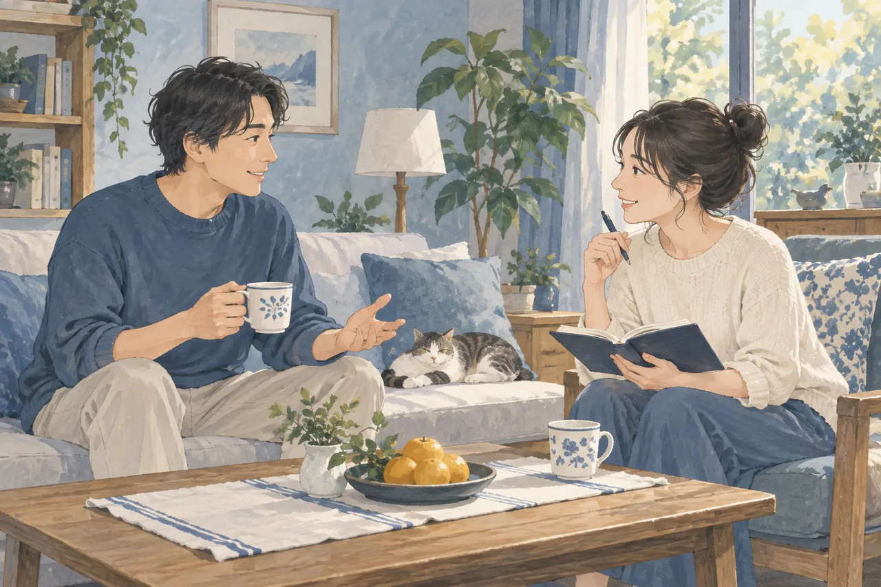 居間で向かい合い穏やかに生活の予定について話す成人二人のイラスト
