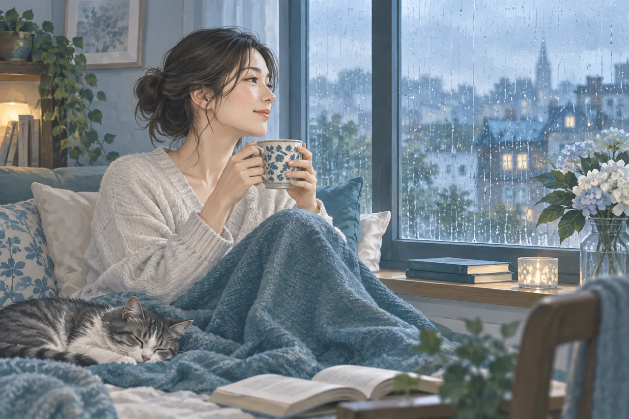 雨の日の窓辺で休憩する成人女性