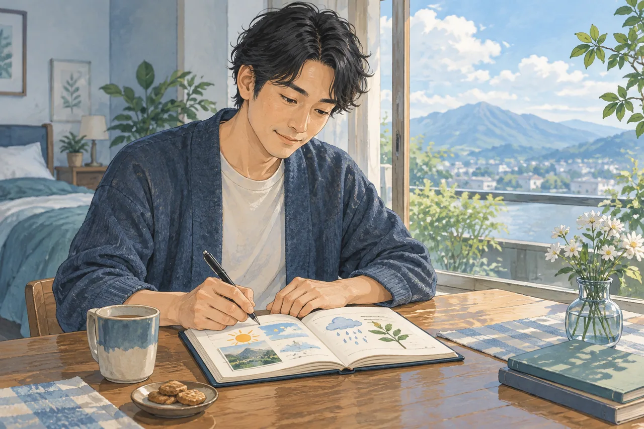 天気と生活を手帳に記録する男性