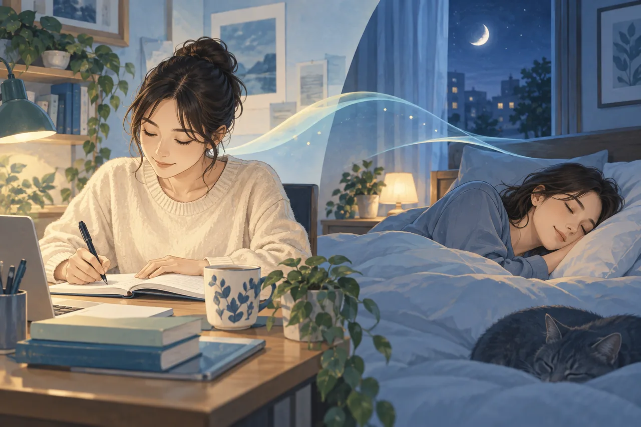 机で勉強する成人と夜の静かな寝室を柔らかくつなぐ