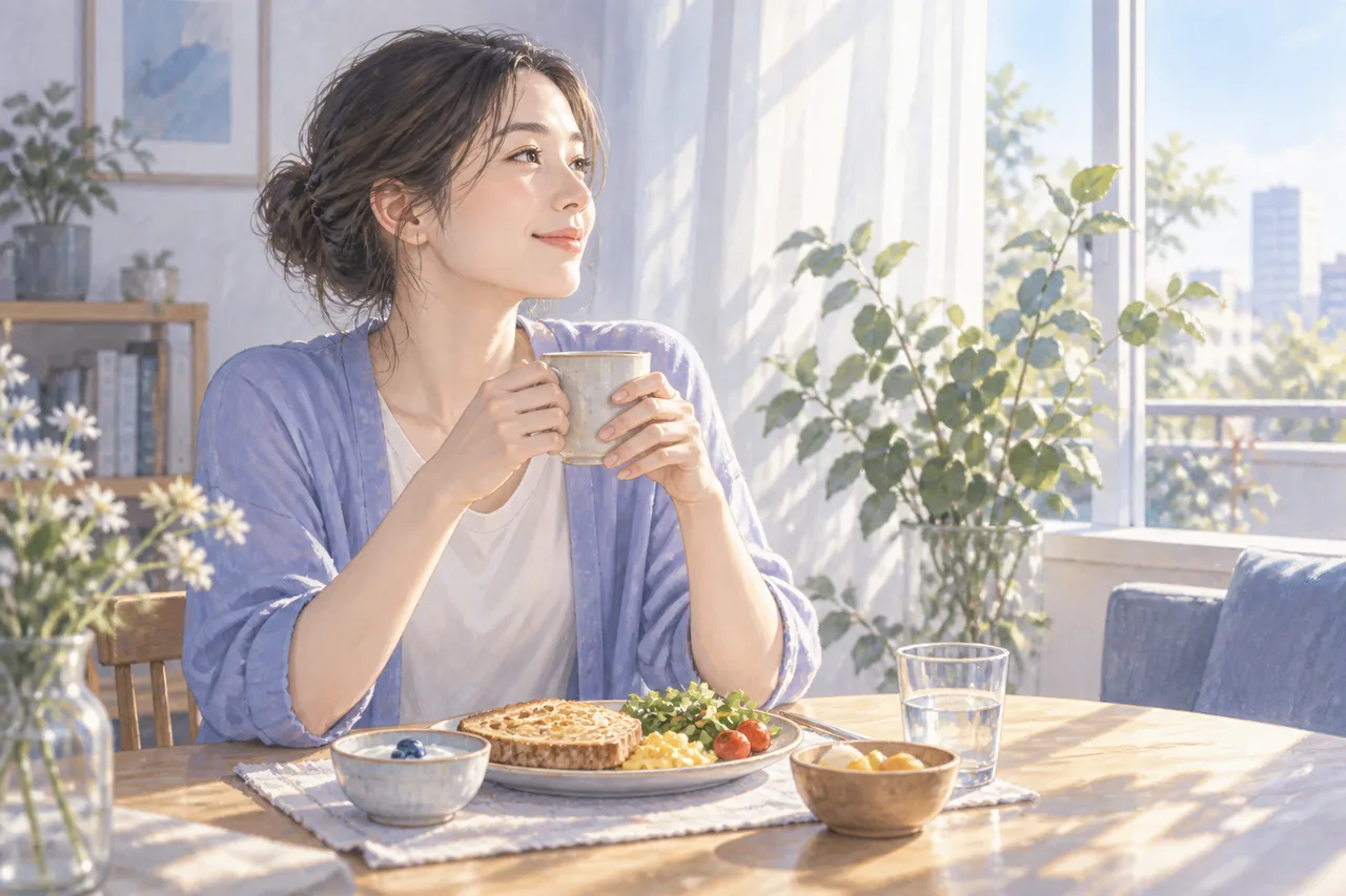 自然光が入る窓辺の朝食のイラスト