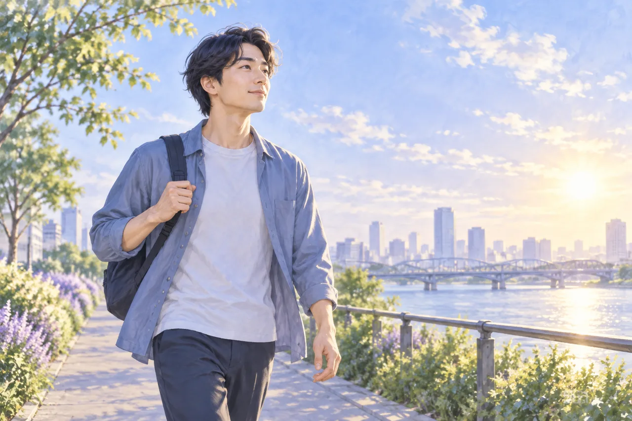 朝の屋外を歩く男性のイラスト