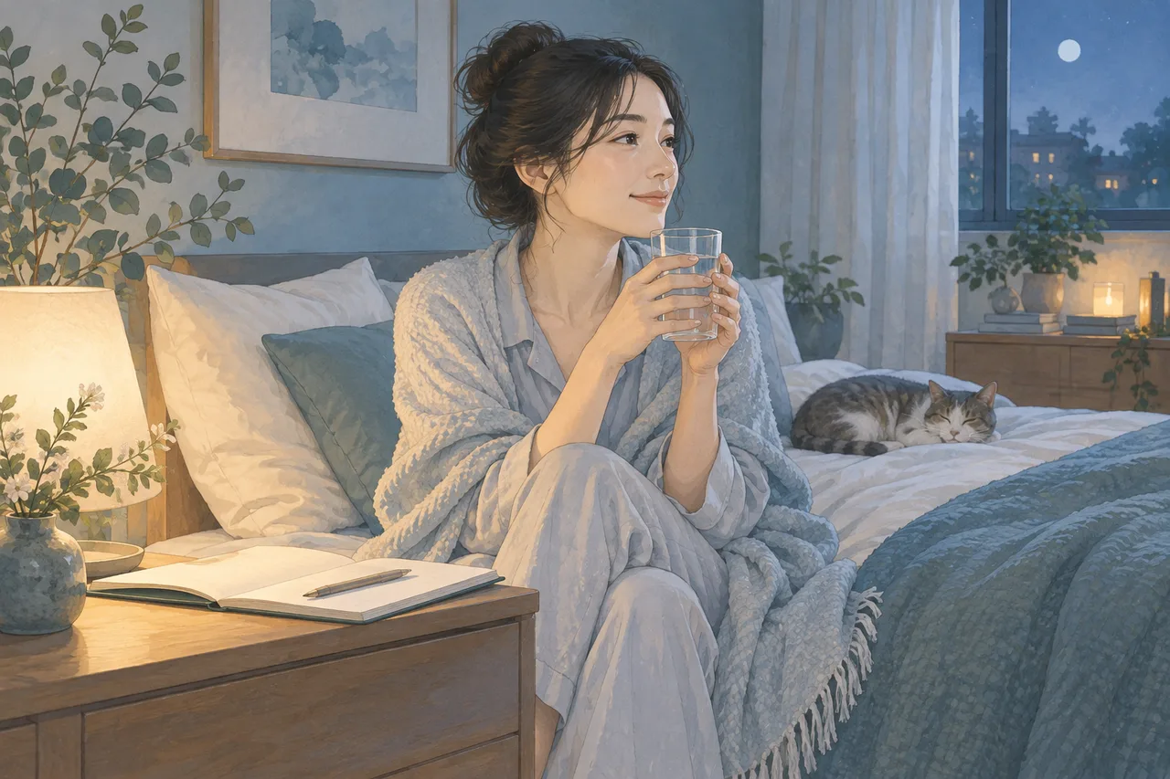 ベッド脇の水とノート、清潔で静かな室内
