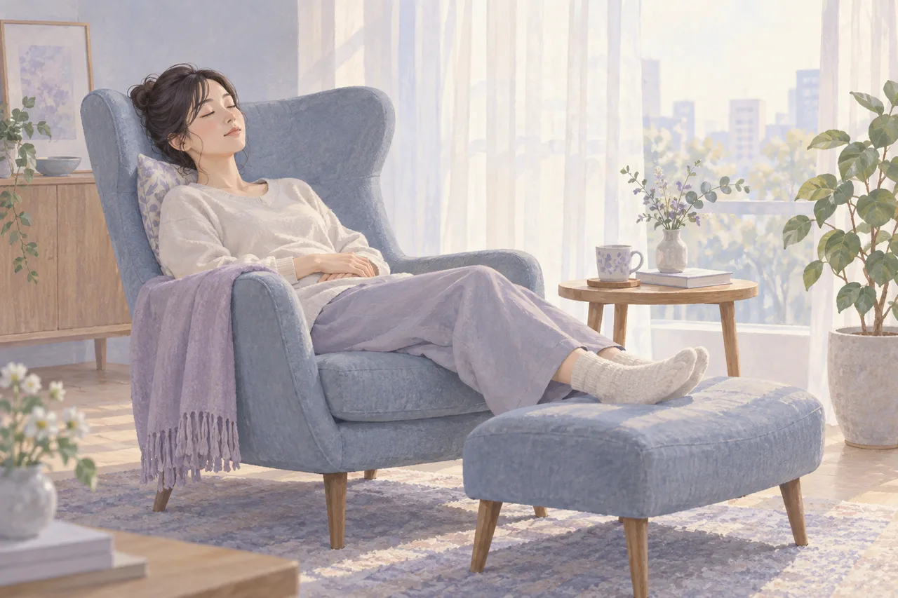 昼の自然光が入る部屋で、背もたれのある椅子に体を預けて休む女性のイラスト