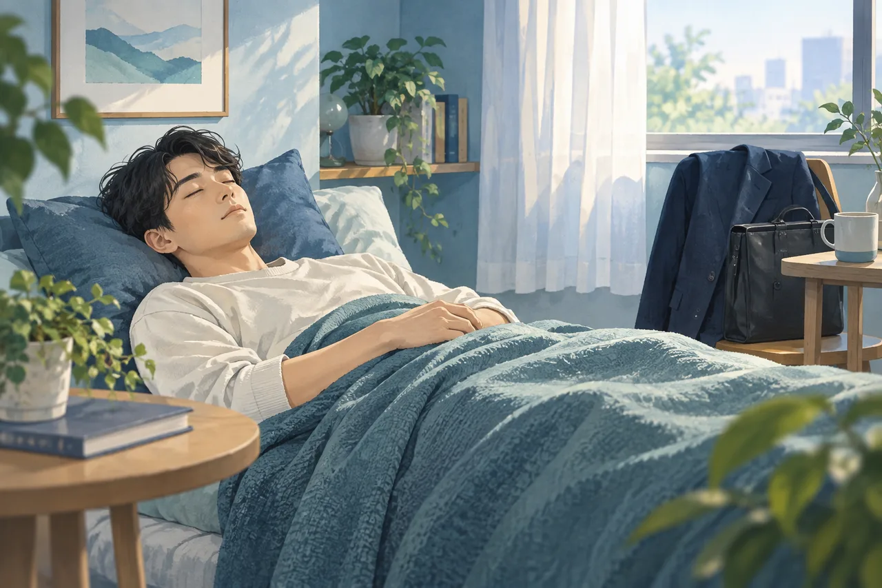勤務前に静かな部屋で短く休む成人