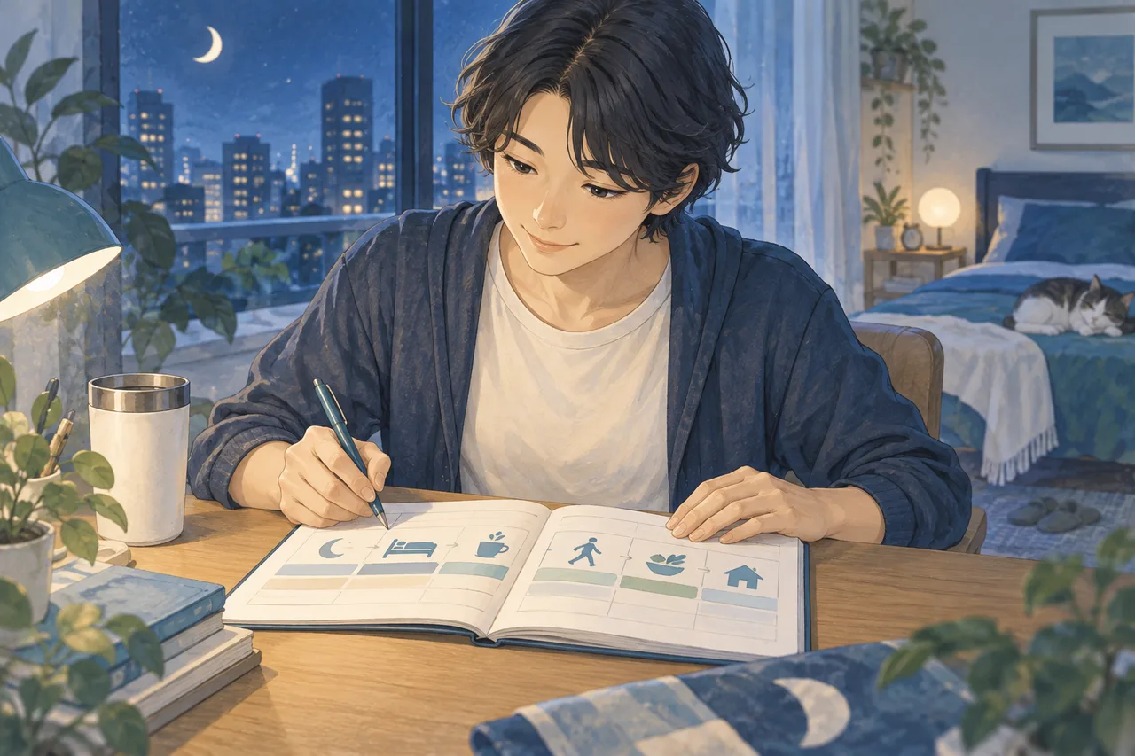 夜勤の生活予定をノートで整理する成人