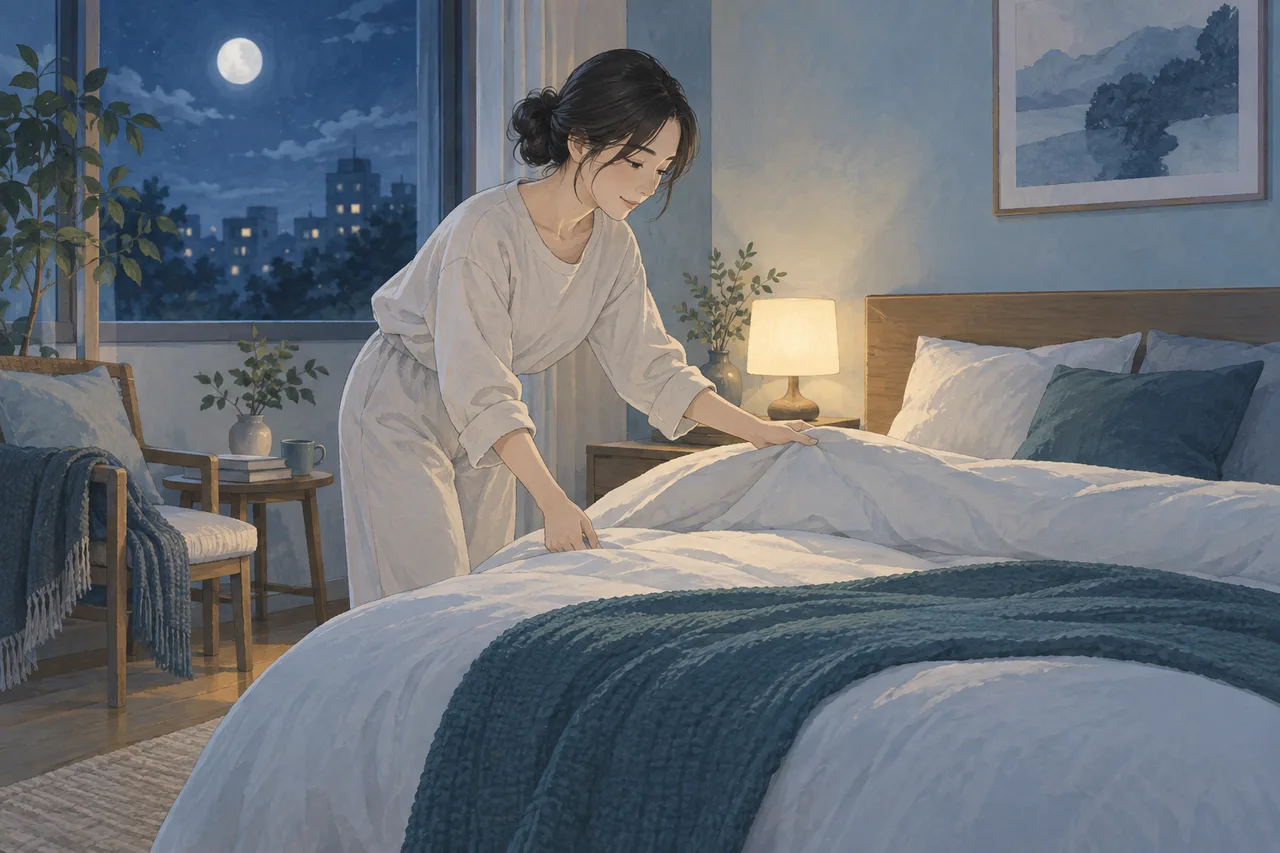 寝具を調整する夜の寝室の成人