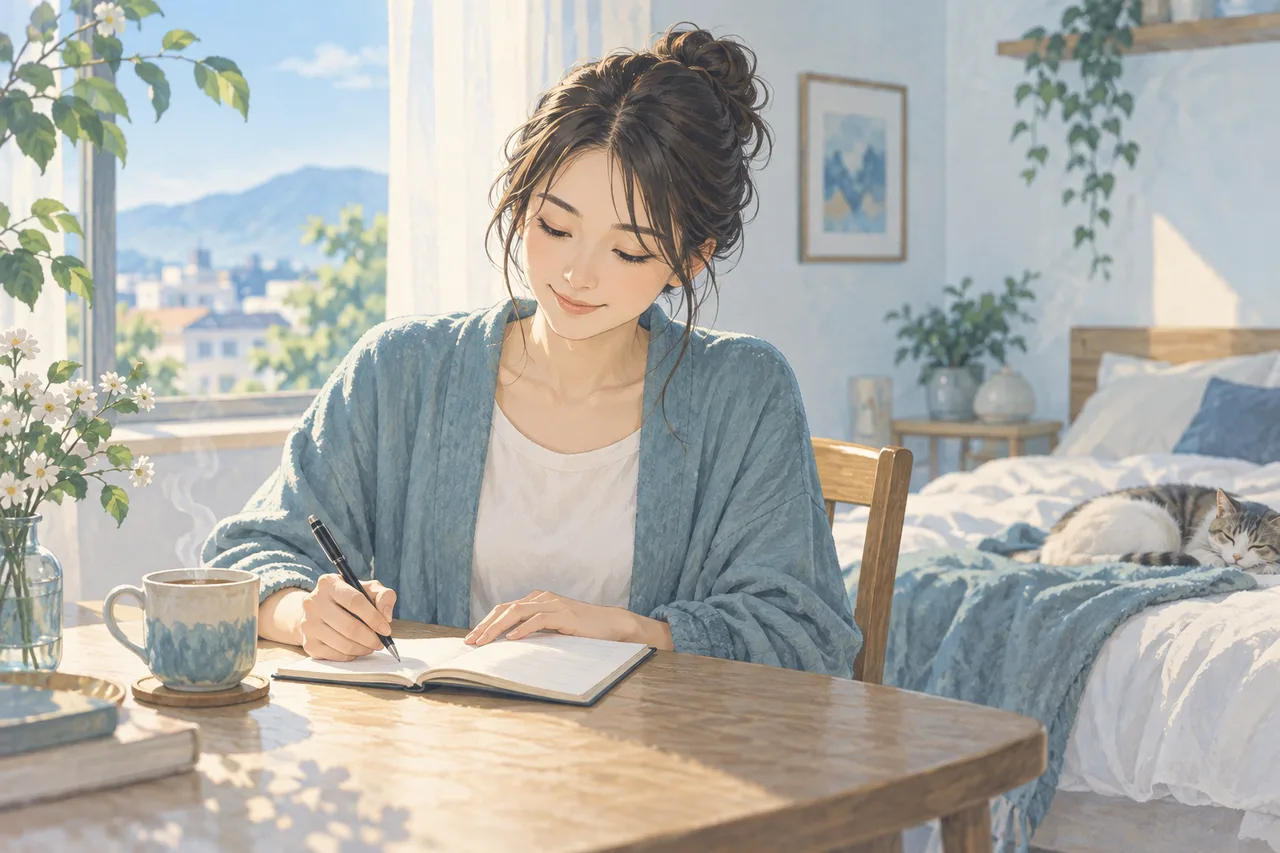 朝に睡眠の様子をノートへ短く書く女性