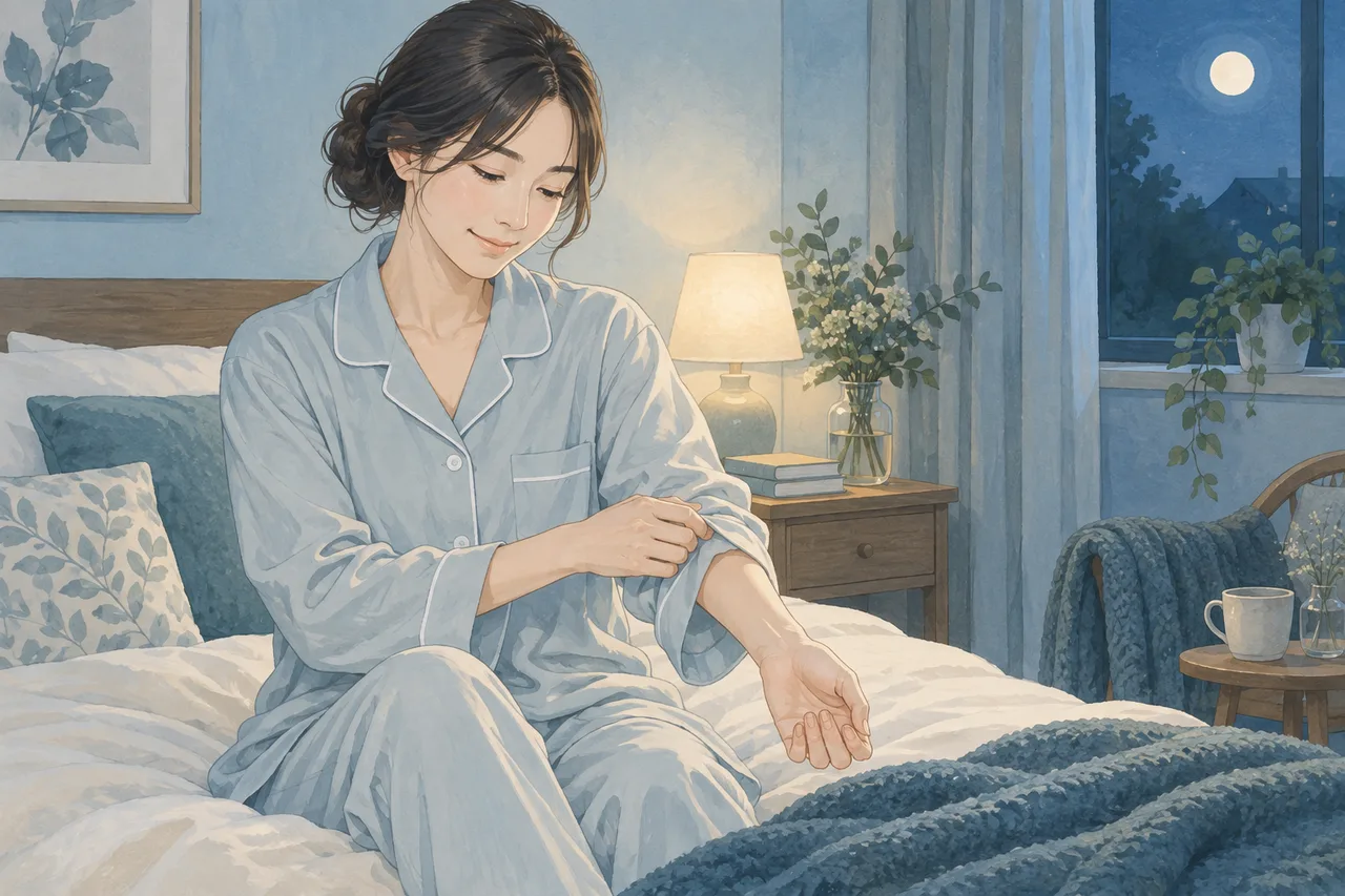 寝室でゆったりしたパジャマの袖を整える女性