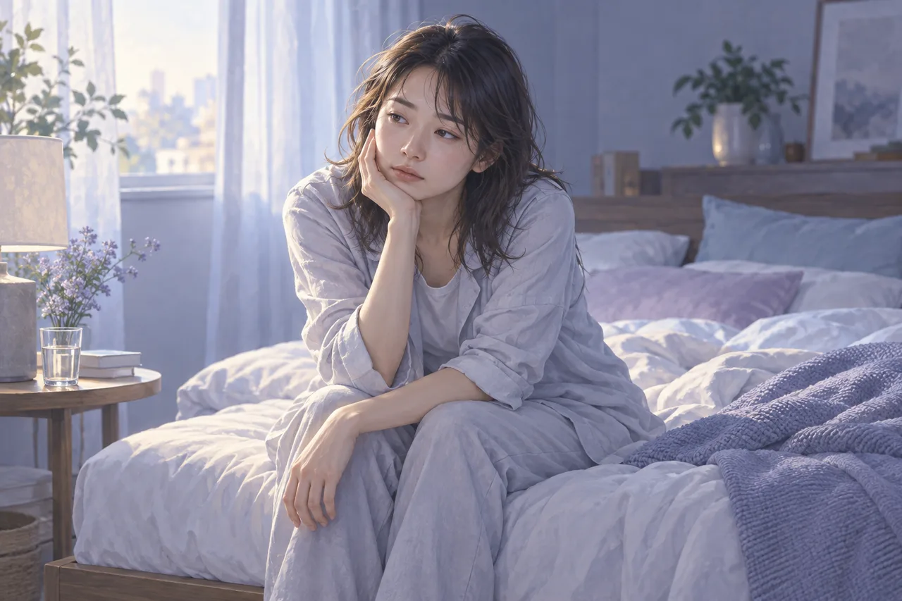 起床後にベッドの端で体調を振り返る女性のイラスト