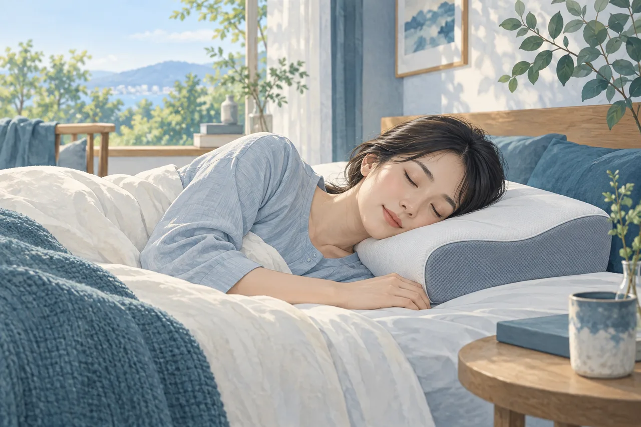 自然な首の姿勢を支える枕と横向きの成人