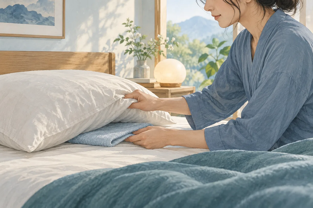 枕の下の薄いタオルを調整する成人の手