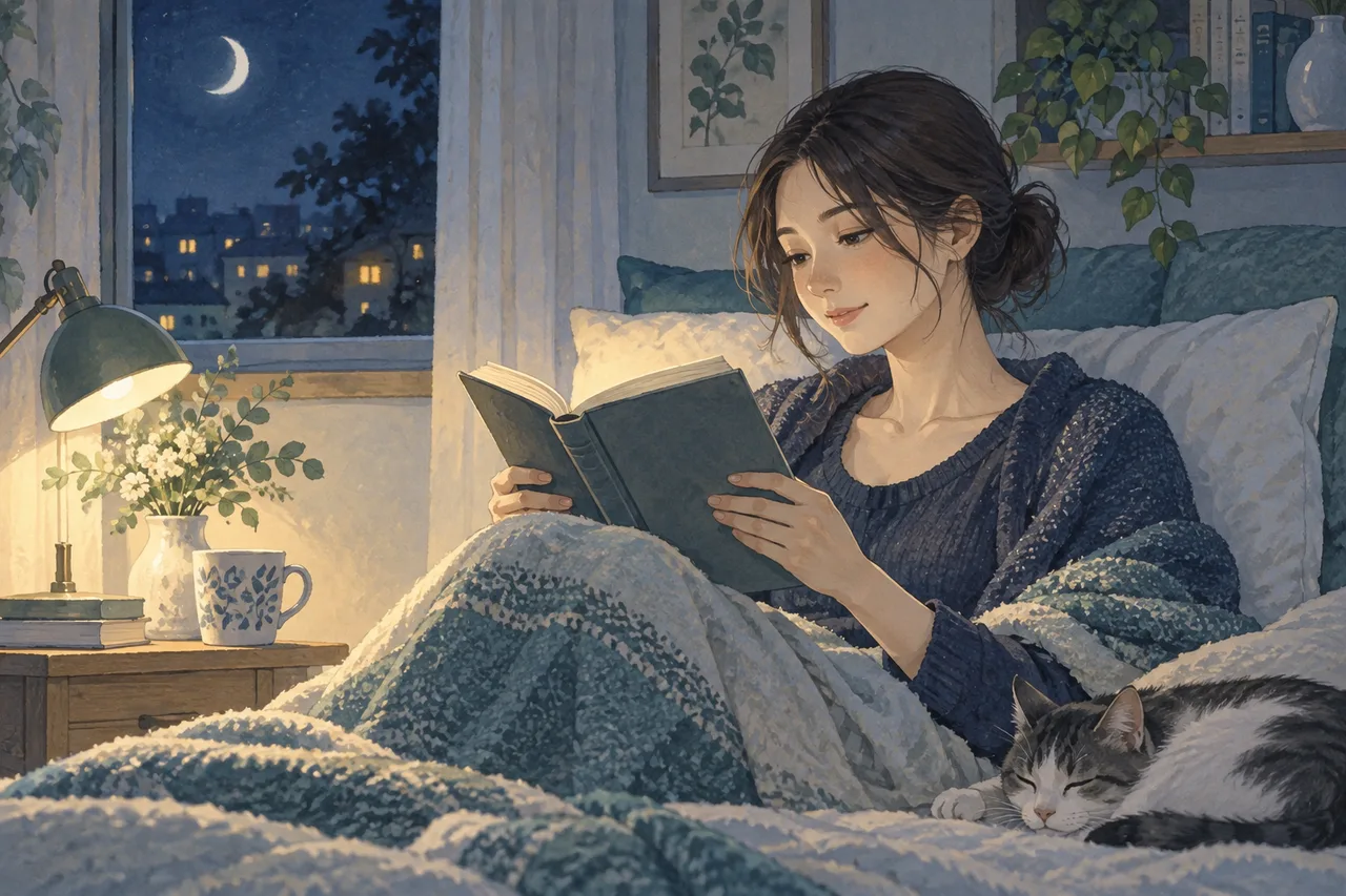 夜の読書灯で紙の本を読む成人女性