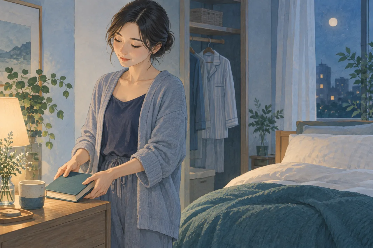本を閉じて寝る支度を始める成人