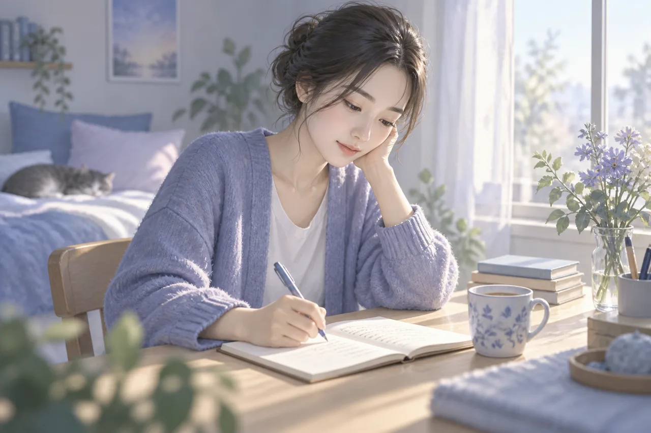 朝に短いメモを書く女性のイラスト