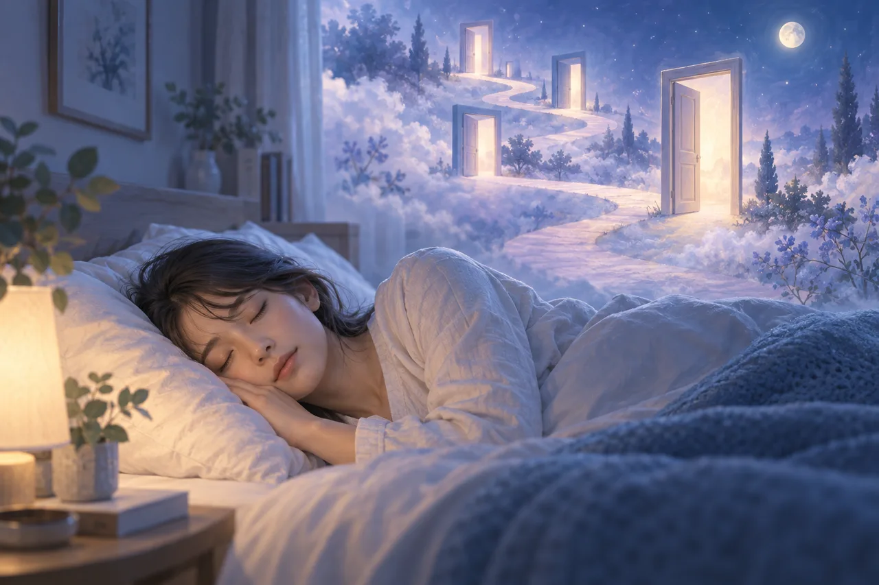 眠る人と繰り返す夢を表す淡い道の風景のイラスト