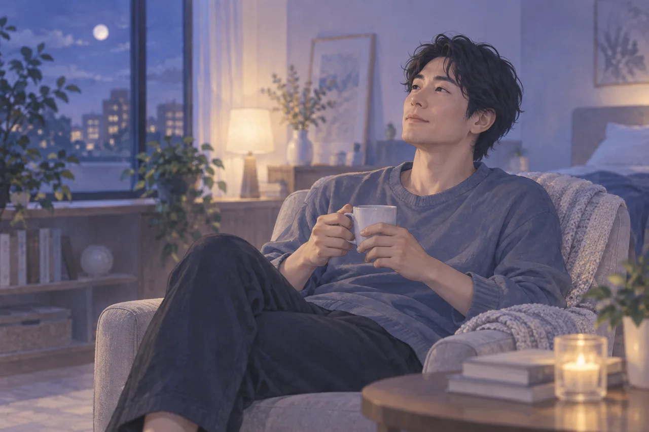 柔らかな照明の部屋で静かに過ごす男性のイラスト