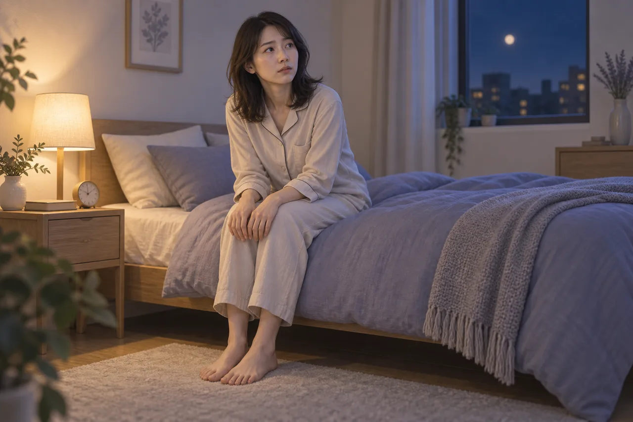 夜の寝室で足が落ち着かず、ベッドの端に座る女性のイラスト