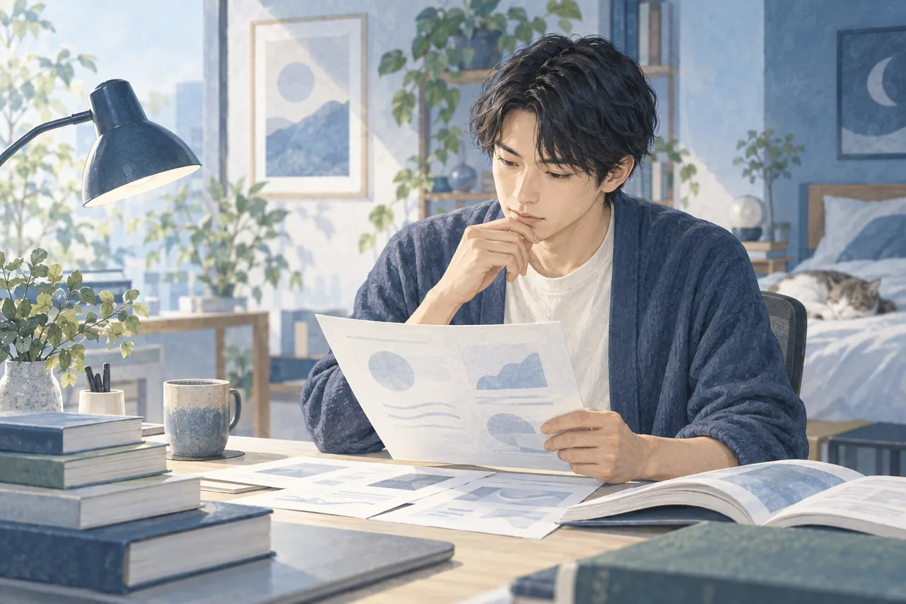 デスクで研究資料を読む成人、紙面は抽象的で文字やのイラスト