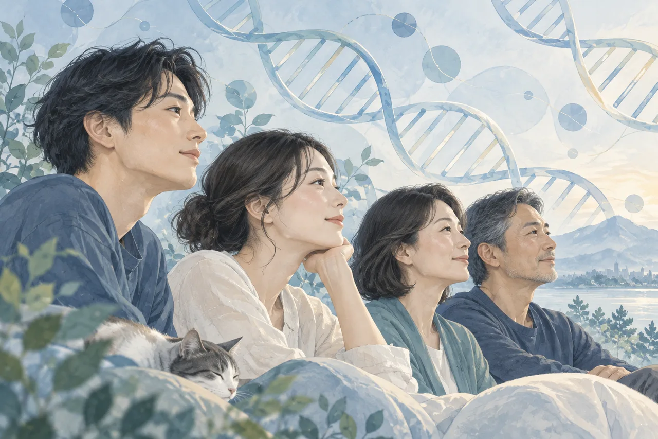 成人の家族の柔らかな横顔と、背景に抽象的なDNAのらせんのイラスト