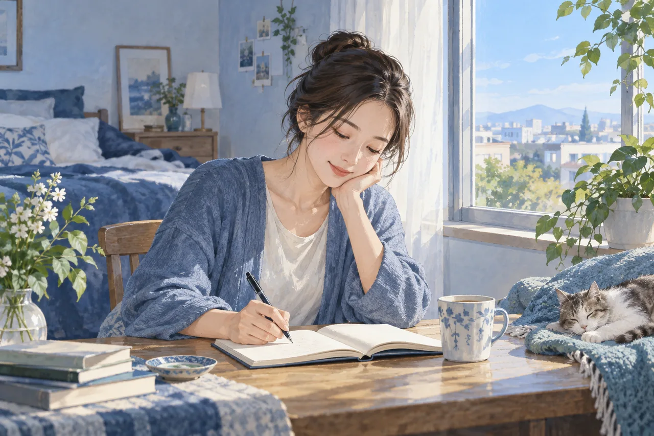 朝の窓辺で自分の生活をノートに記録する成人女性のイラスト