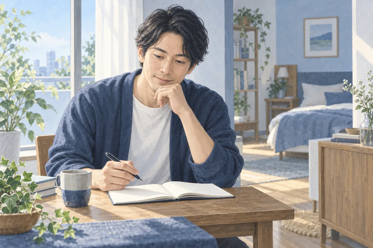自然光のある室内でノートを見ながら生活習慣を振り返る成人男性のイラスト
