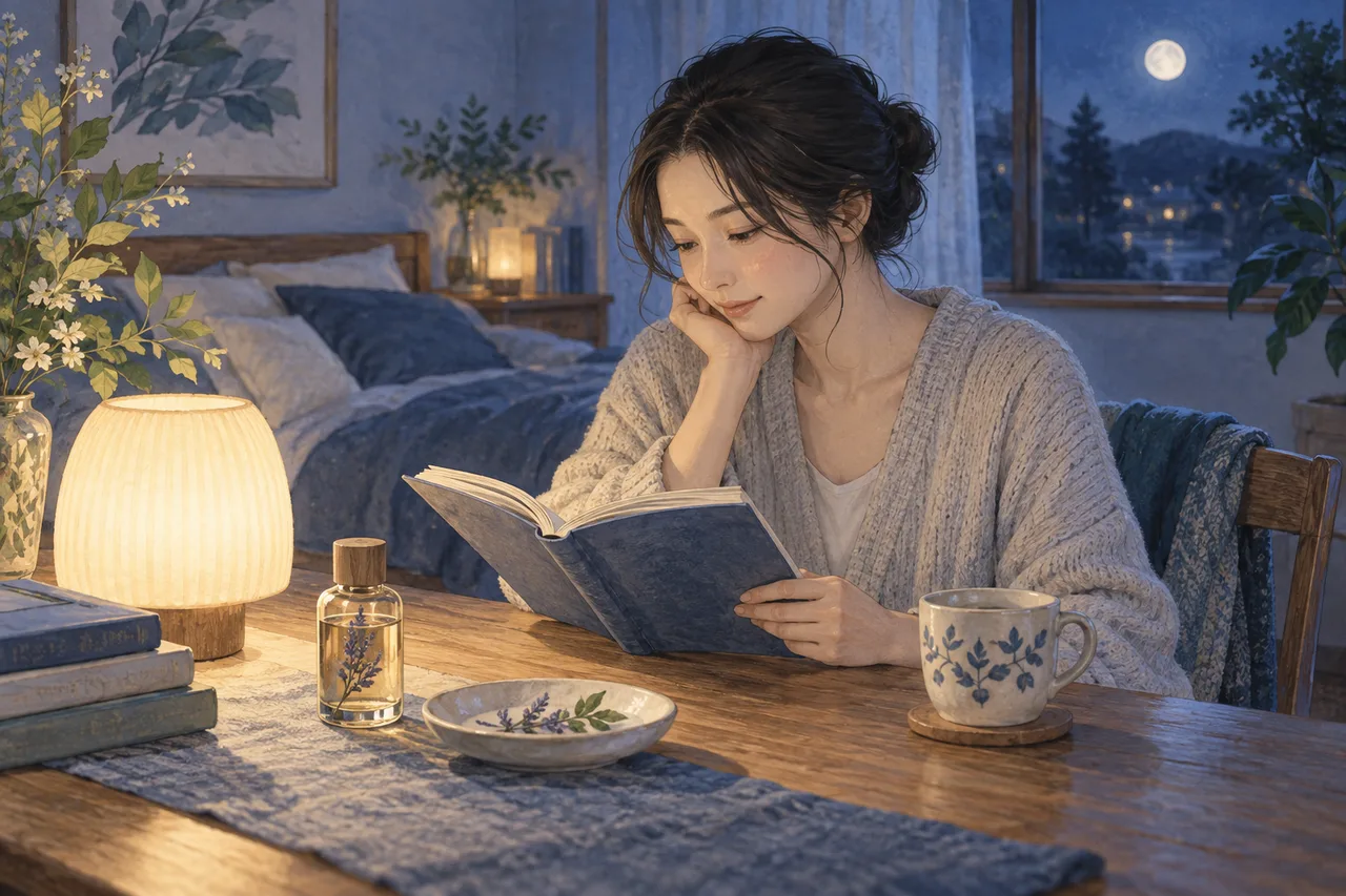 夜の読書用テーブルに小さな香りの瓶と陶器の皿、柔らかな灯りのイラスト