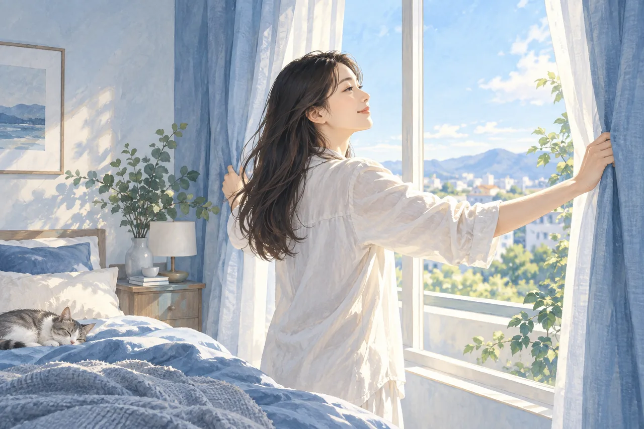 朝のカーテンを開けて自然光を迎える成人女性のイラスト