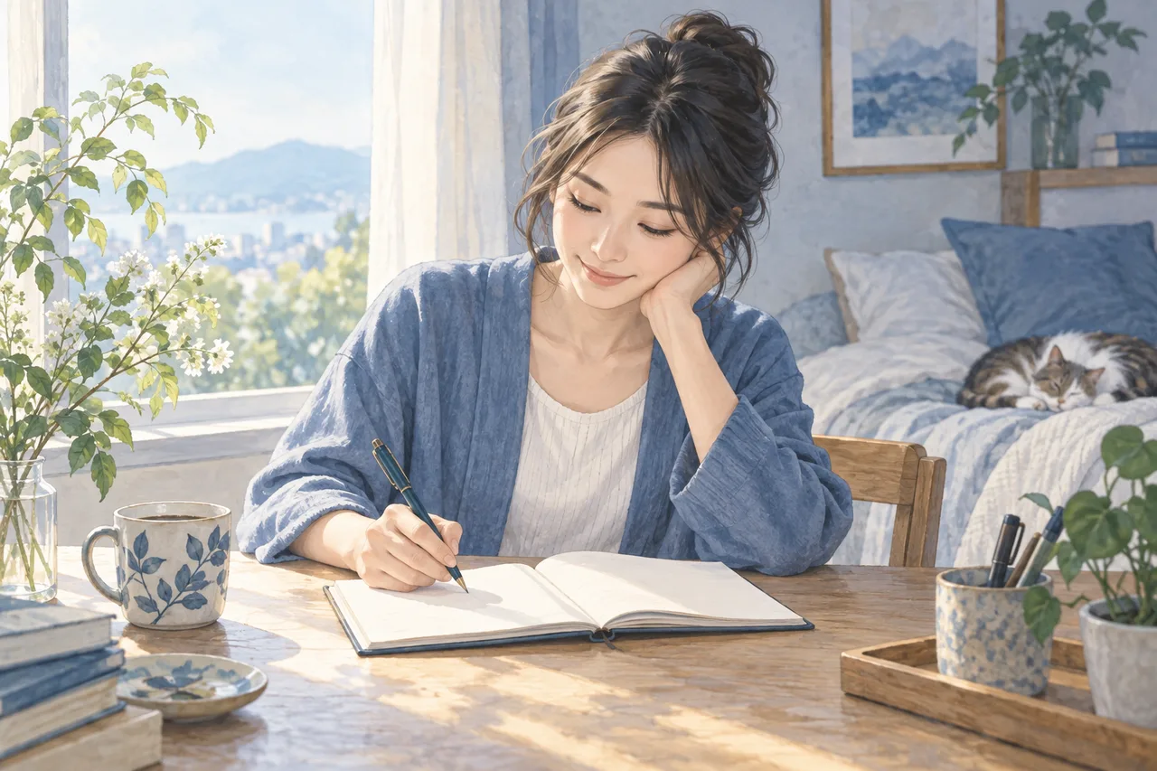 朝の自然光の机で睡眠日誌を手書きする成人女性、ノートにのイラスト