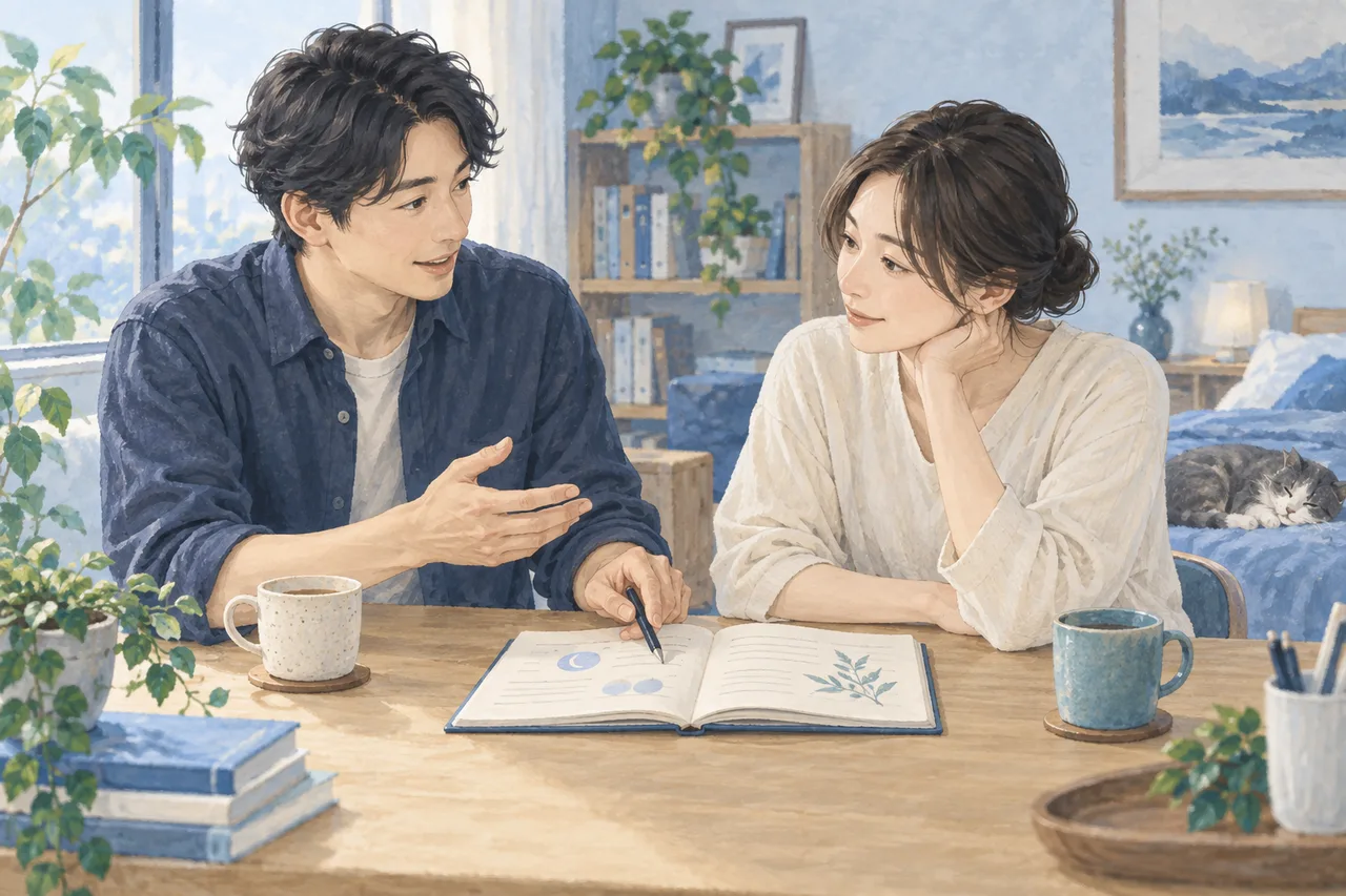 成人が相談相手とノートを一緒に見ながら穏やかに話す室内のイラスト