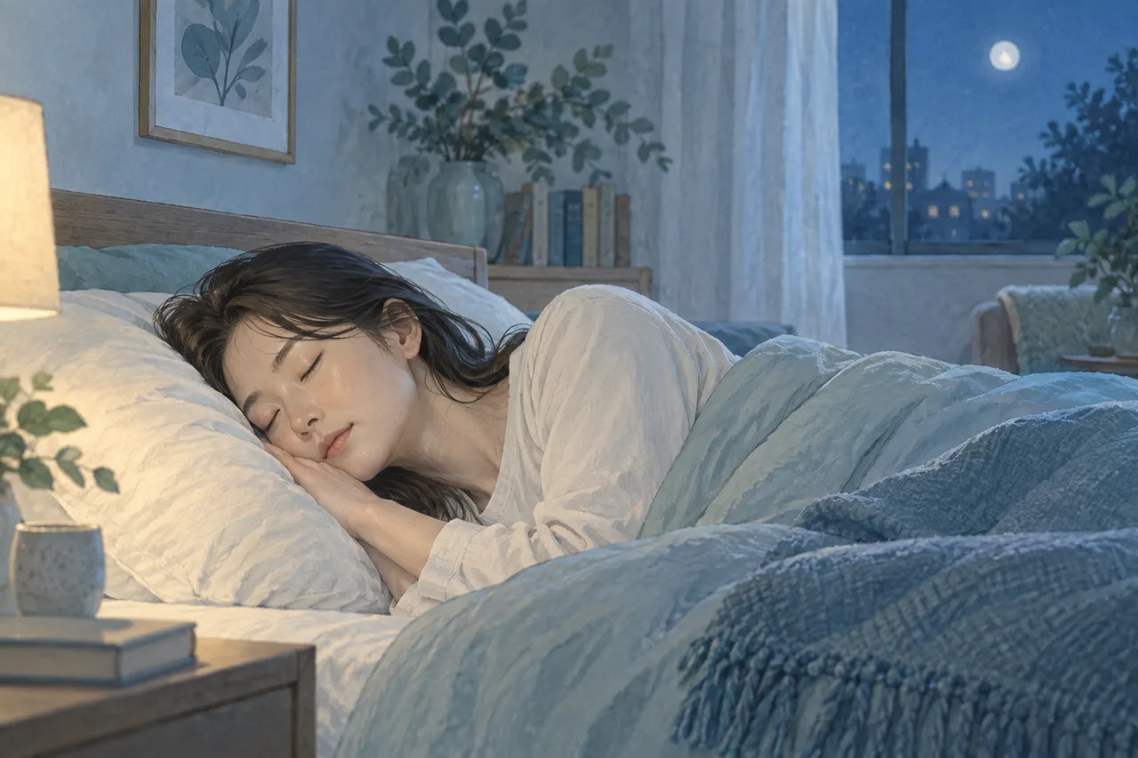 静かな寝室で眠る成人の横顔、口は自然