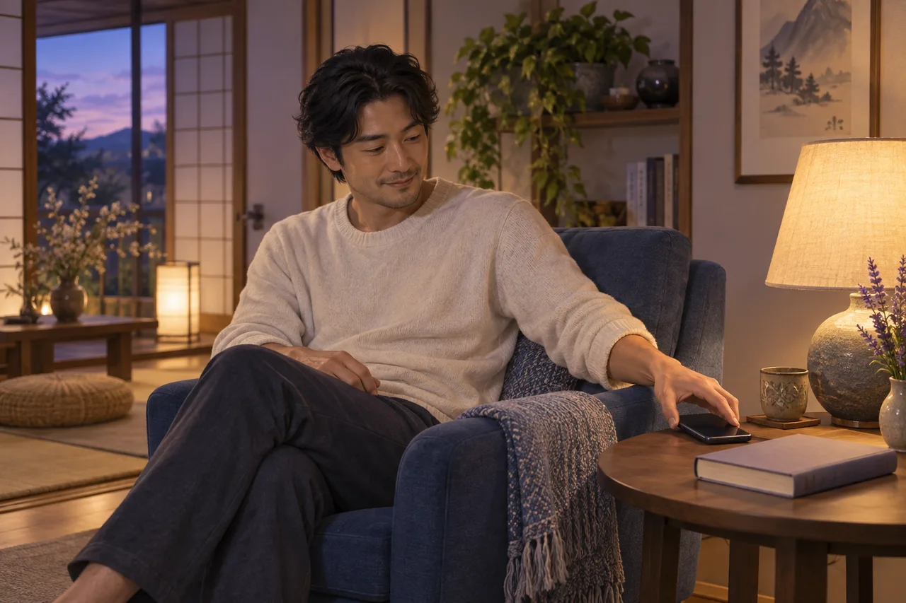 夜の静かな部屋でスマートフォンを伏せ、休む準備をする男性のイラスト