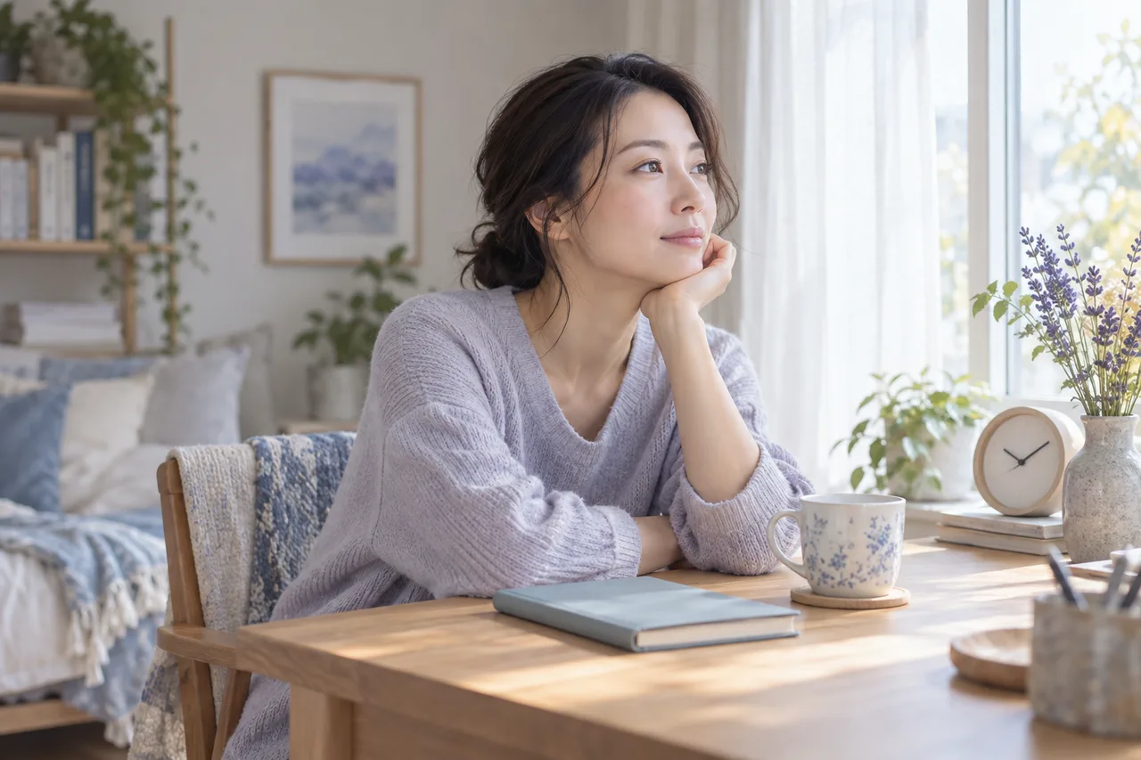 午後のデスクで作業の手を休める女性のイラスト