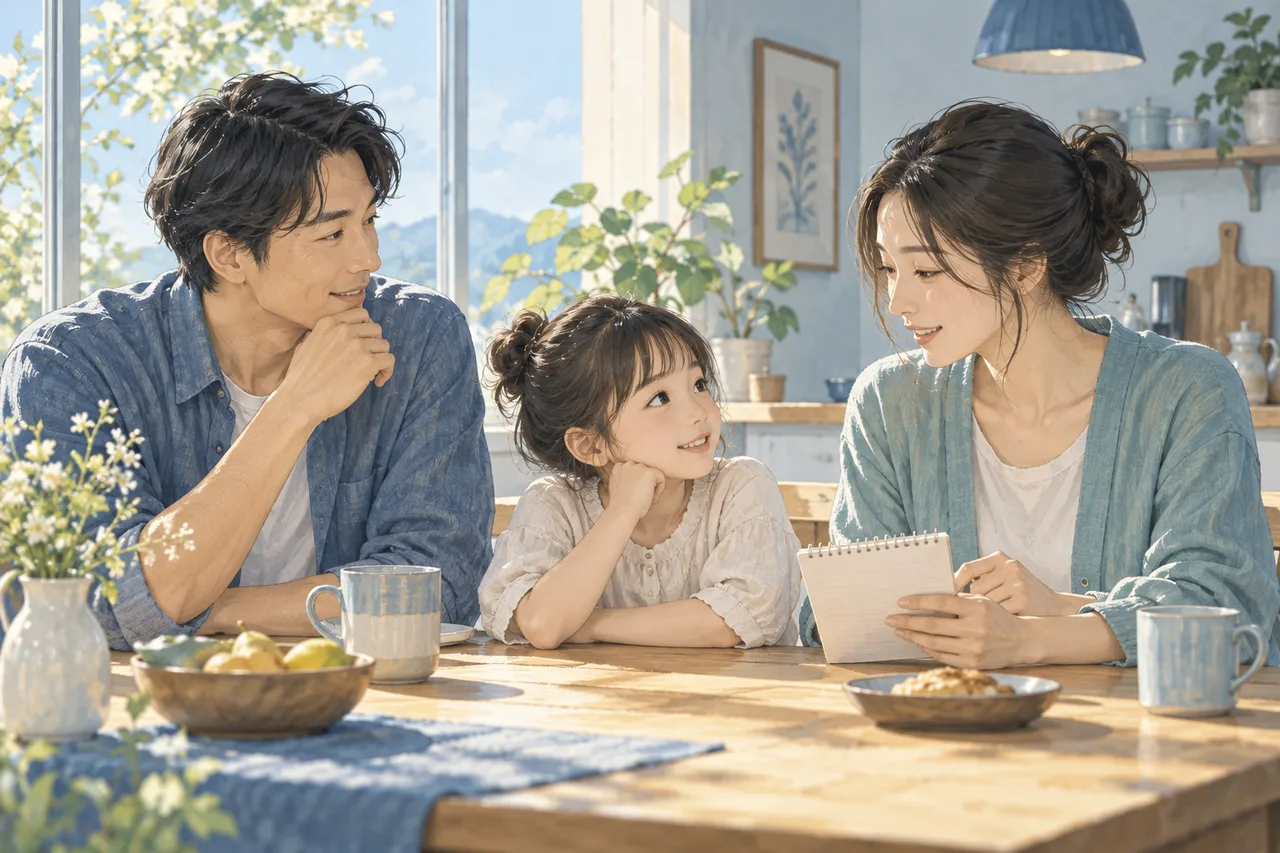 朝に家族がメモを見ながら落ち着いて話す場面