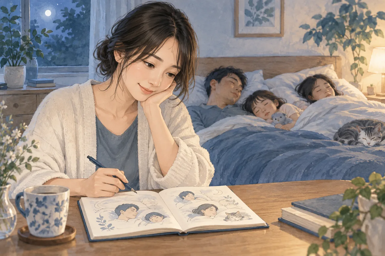 家族と睡眠中の様子をノートで振り返る女性