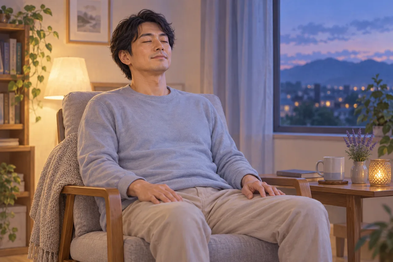 背もたれのある椅子で楽な姿勢をとり、静かに呼吸する男性のイラスト
