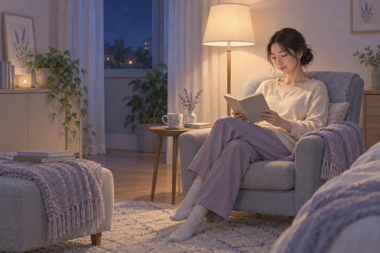 夜の控えめな照明の下、寝床から離れた椅子で静かに本を読む女性のイラスト