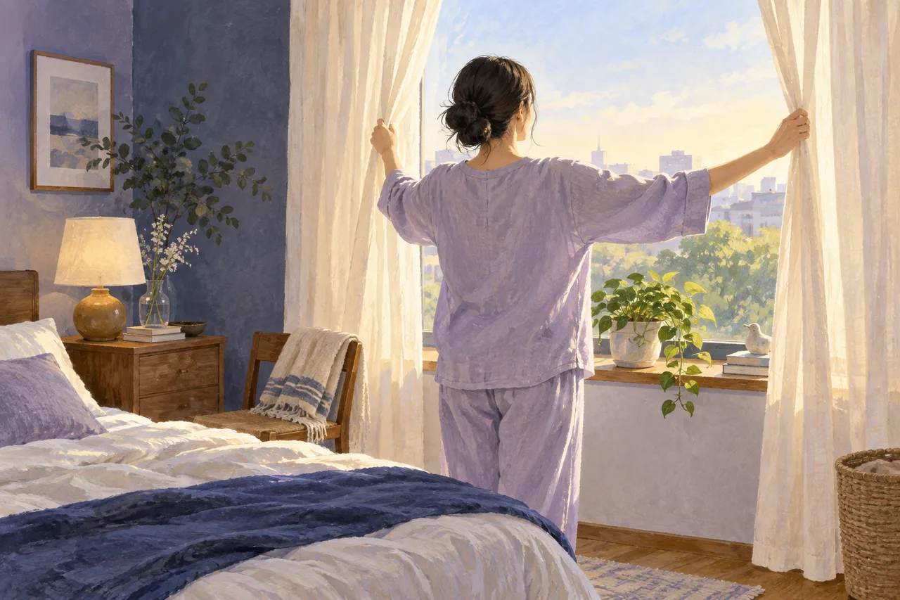 朝、カーテンを開けて窓からの光を取り入れる女性のイラスト