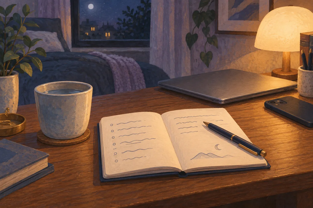 明日の用件を書くノートと、閉じたパソコンを置いた夜の机のイラスト