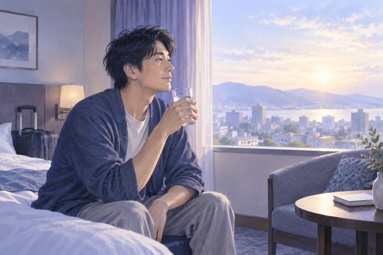 翌朝にホテルの窓辺で過ごす男性のイラスト