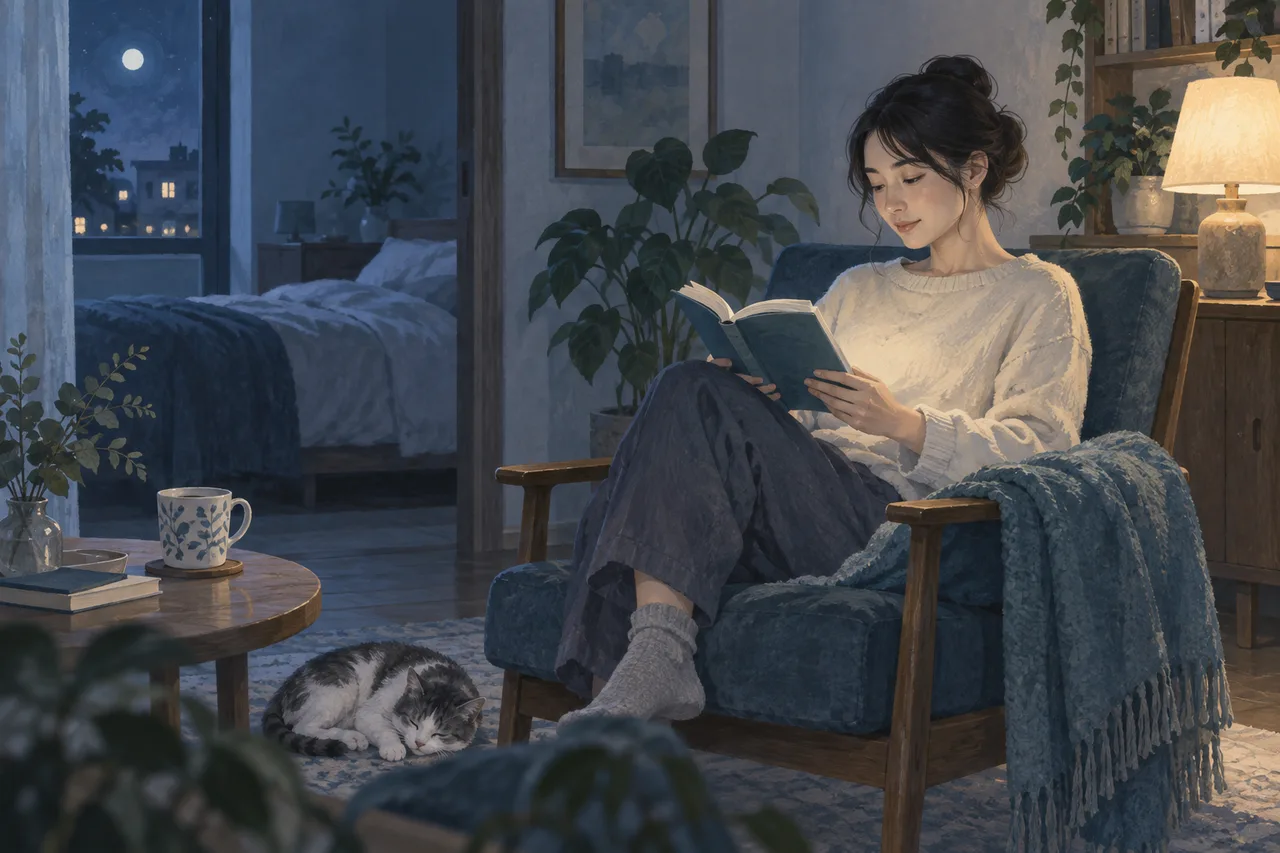 眠れない夜にベッドを離れ、暗めの居間の椅子で静かに本を読む成人のイラスト