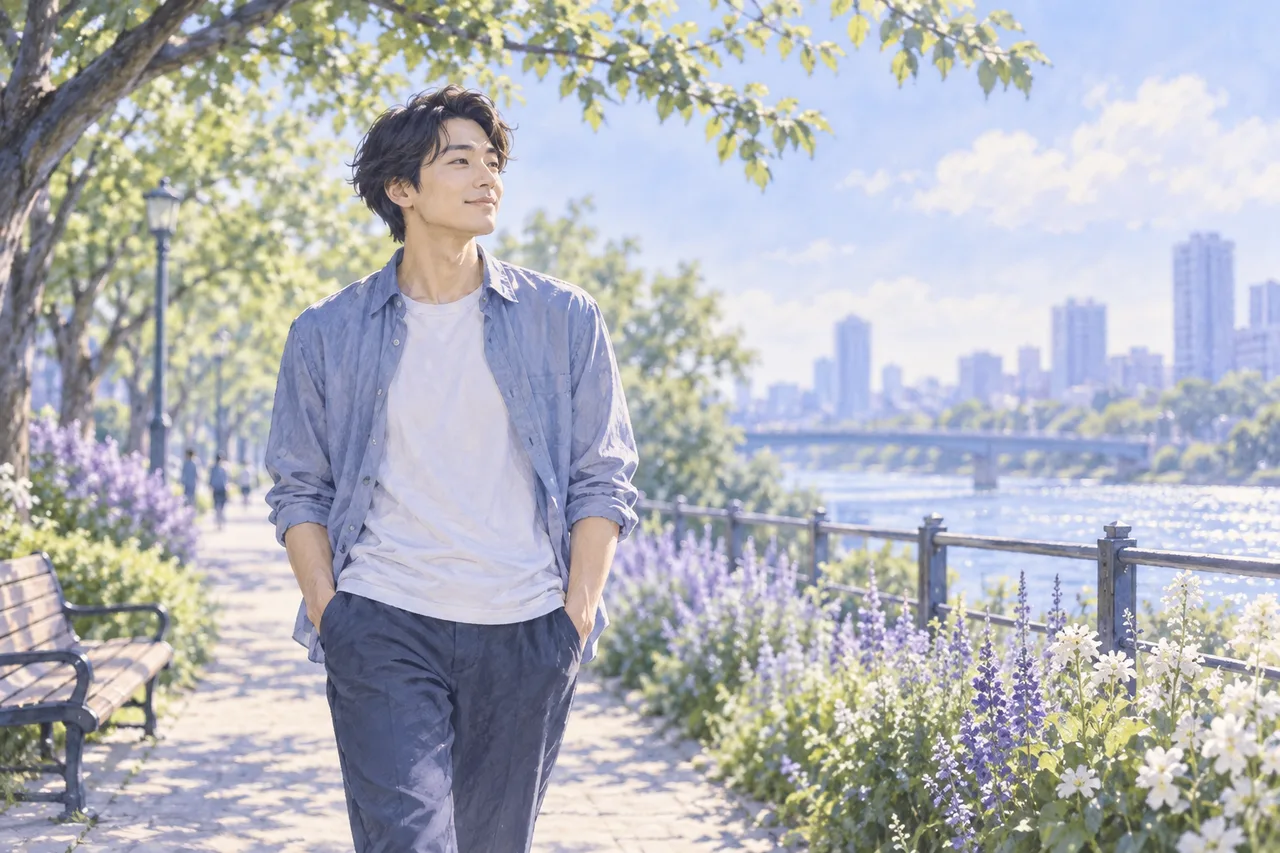 休日の日中に公園を歩く男性のイラスト