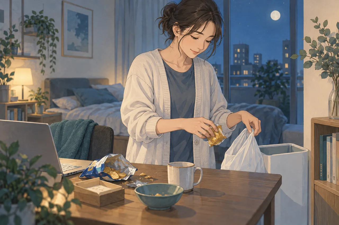夜更かしを終えて間食を片づける成人