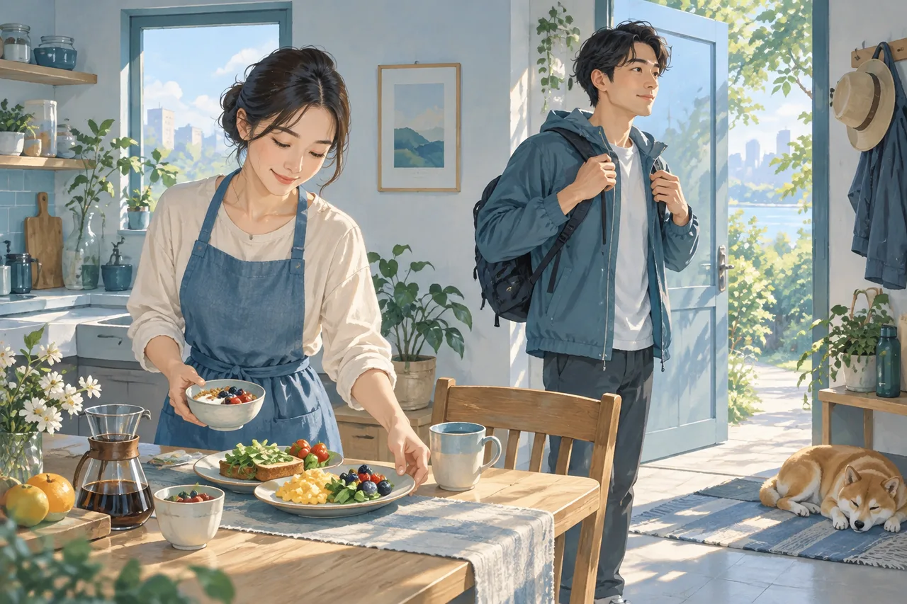 朝食と散歩の支度をする成人