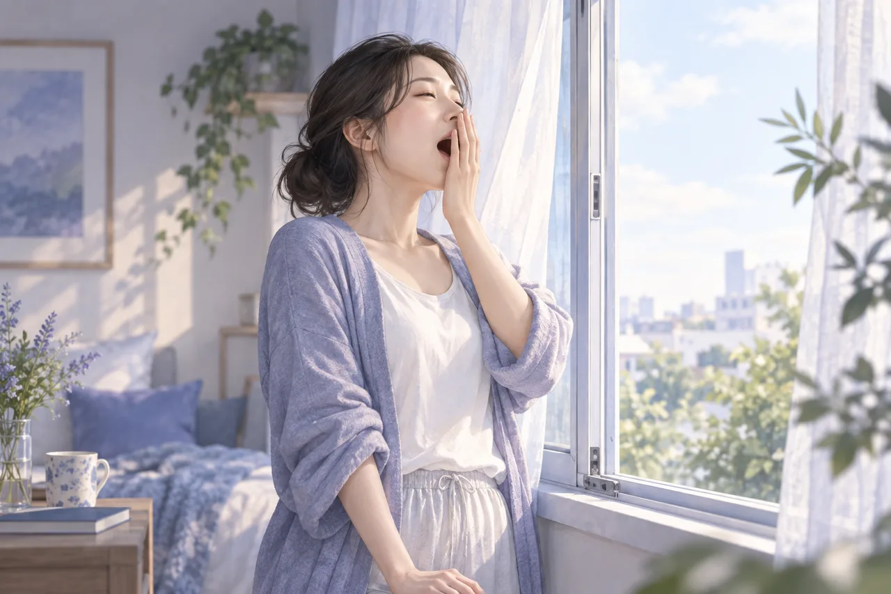 窓辺で口元を覆ってあくびをする女性のイラスト